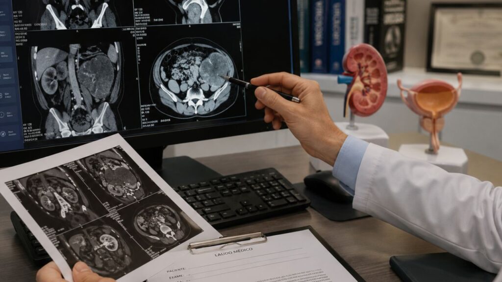 urologista avaliando exames de paciente com suspeita de câncer urológico