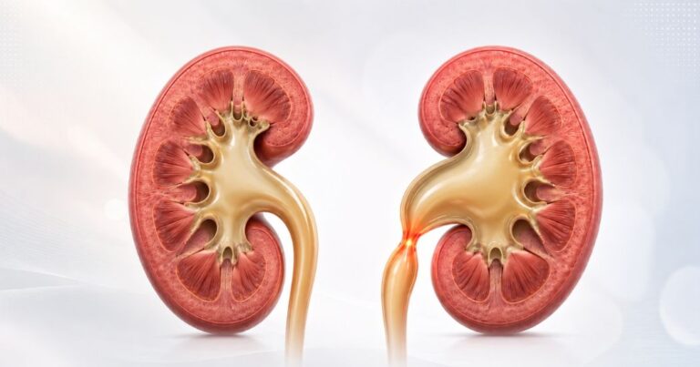Ilustração médica comparando rim normal e rim com estenose da junção ureteropiélica