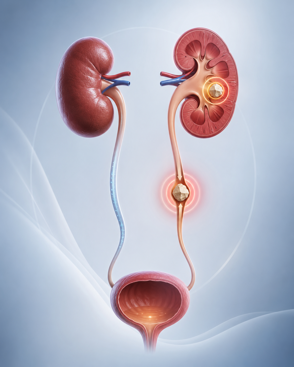Ilustração anatômica de cálculo renal no rim e no ureter