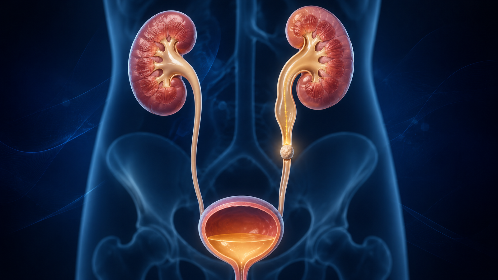Ilustração médica de cálculo renal no rim e ureter com obstrução do fluxo urinário