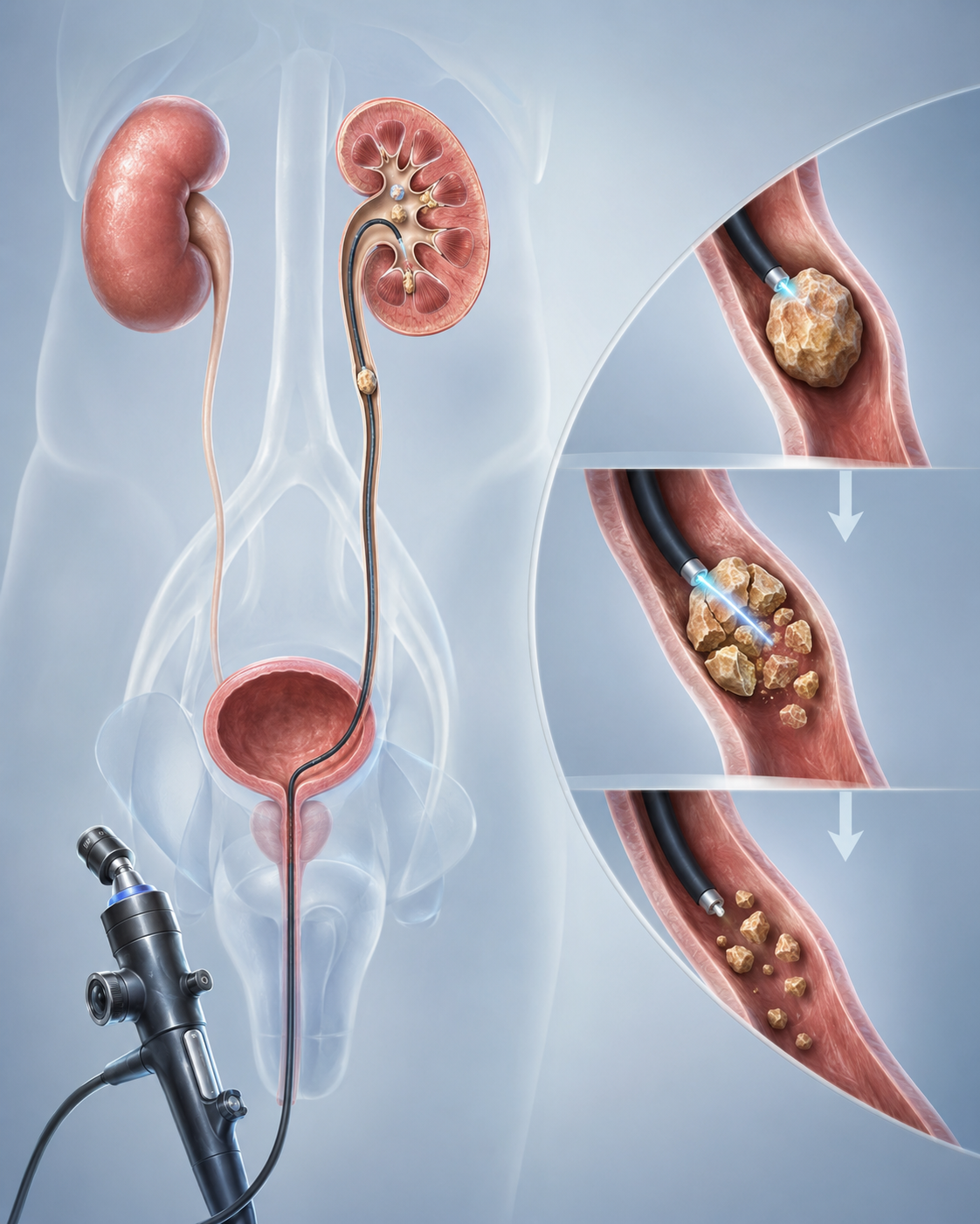 Ilustração de cirurgia a laser para cálculo renal e cálculo no ureter