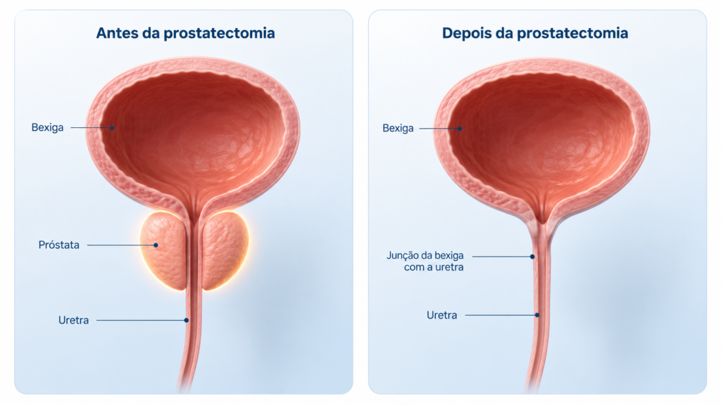 Anatomia antes e depois da prostatectomia radical com reconexão da bexiga à uretra