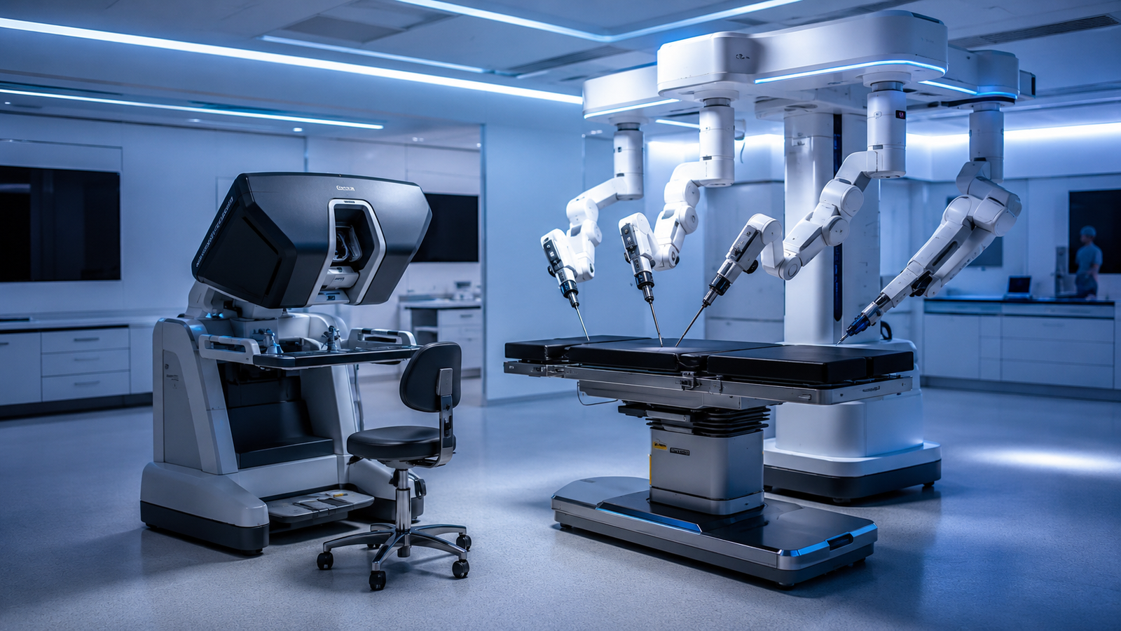 Console de cirurgia robótica em procedimento urológico minimamente invasivo