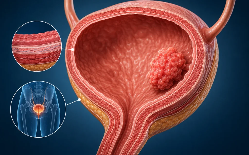 Camadas da parede da bexiga e tumor de câncer de bexiga em ilustração médica