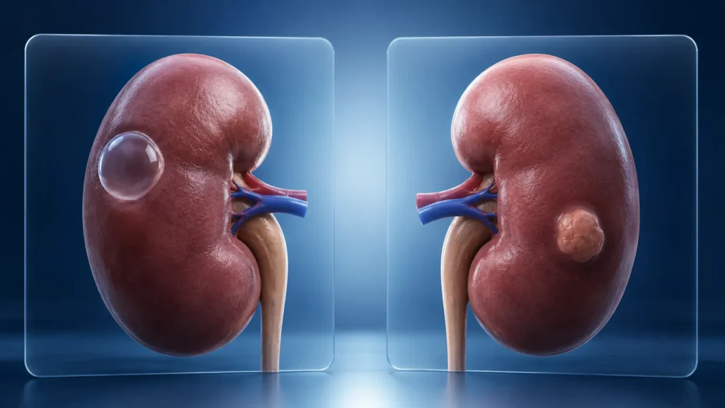 Comparação ilustrativa entre cisto renal simples e nódulo sólido no rim.