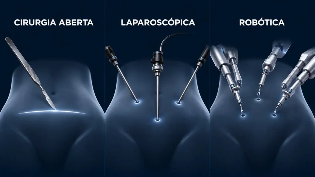 Diferenças entre cirurgia aberta, laparoscópica e robótica para câncer de próstata.