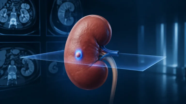Nódulo no rim identificado em exame de imagem para avaliação médica.
