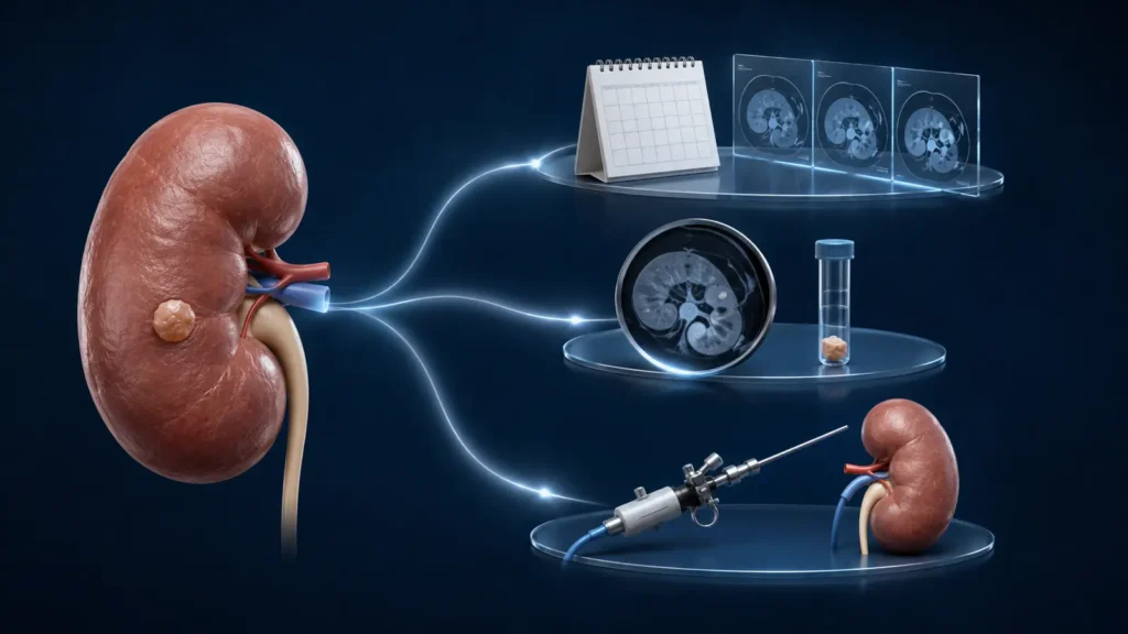 Possíveis caminhos para um nódulo renal: acompanhar, investigar ou tratar.