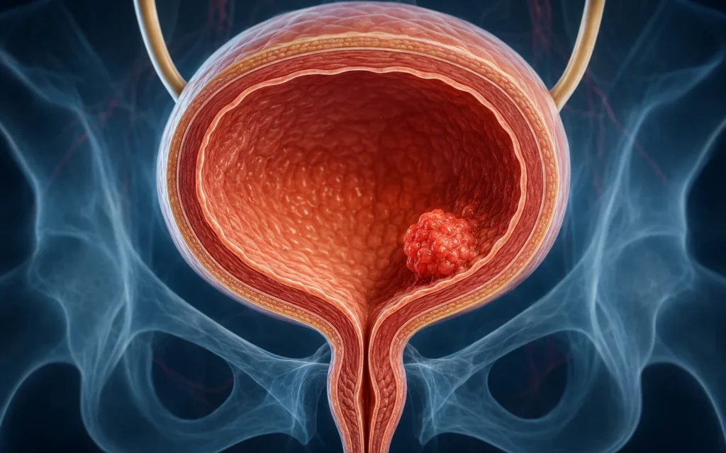 Ilustração da profundidade do tumor na parede da bexiga no câncer de bexiga