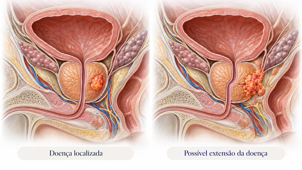 Ilustração da próstata mostrando diferença entre tumor localizado e possível extensão da doença.