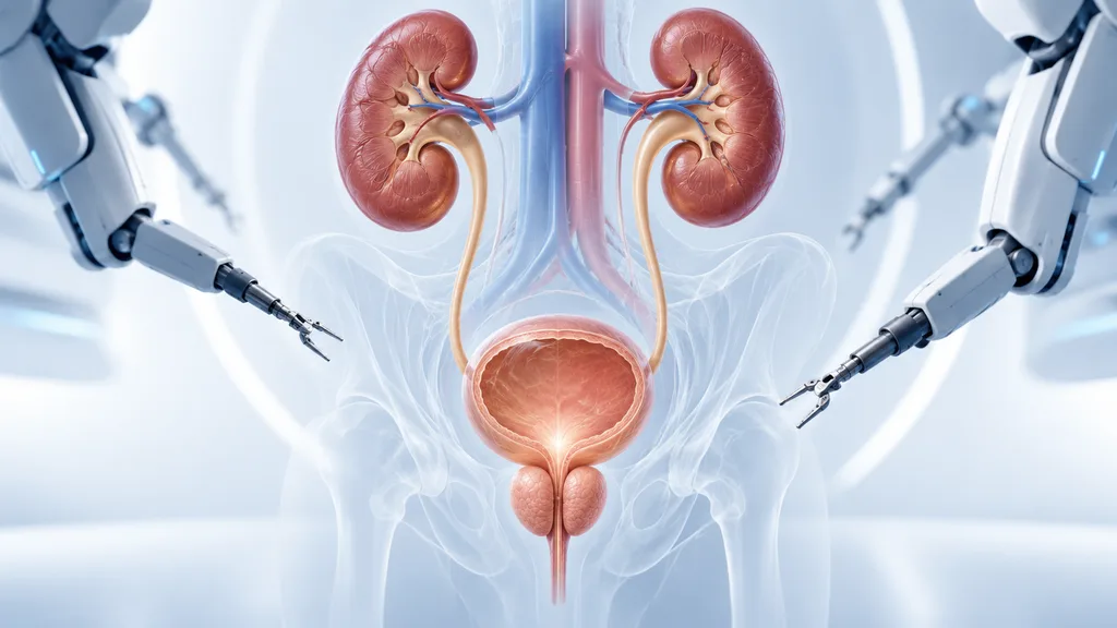 Ilustração das principais aplicações da cirurgia robótica na urologia, incluindo próstata, rim e bexiga.