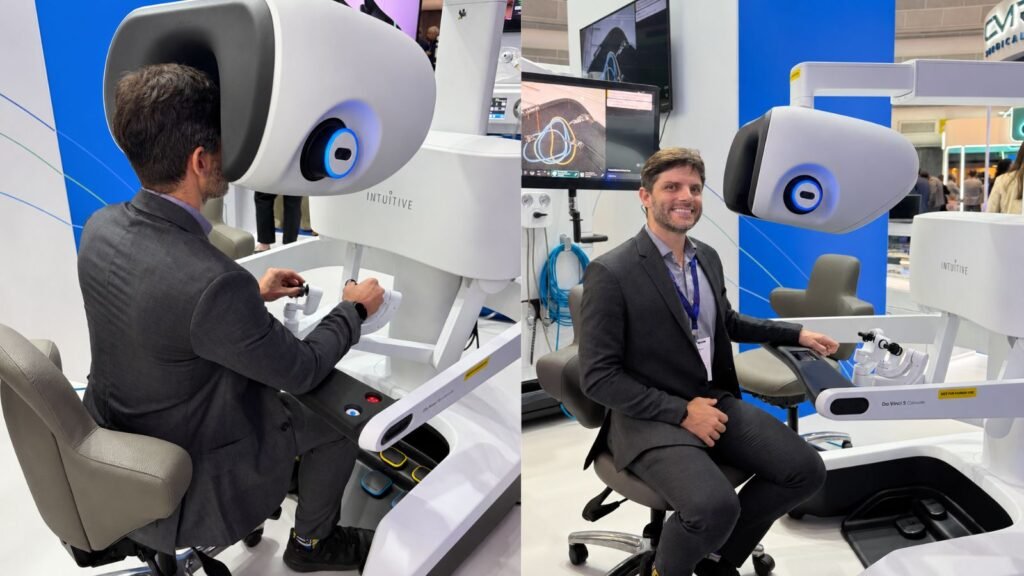 Dr. Guilherme Canabrava ao lado do sistema cirúrgico da Vinci 5 durante o Congresso Paulista de Urologia de 2026.
