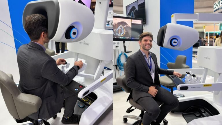 Dr. Guilherme Canabrava ao lado do sistema cirúrgico da Vinci 5 durante o Congresso Paulista de Urologia de 2026.