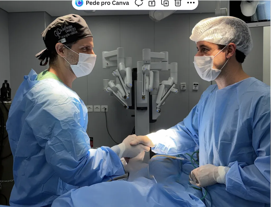 Equipe médica durante procedimento de cirurgia robótica urológica.