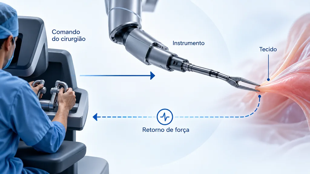Ilustração explicando como o Force Feedback do da Vinci 5 transmite ao cirurgião informações sobre a força aplicada aos tecidos.