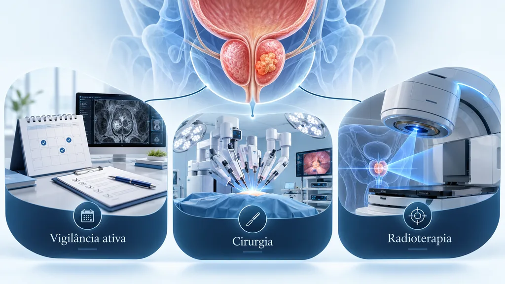 Discussão das opções de tratamento do câncer de próstata entre vigilância ativa, cirurgia e radioterapia.