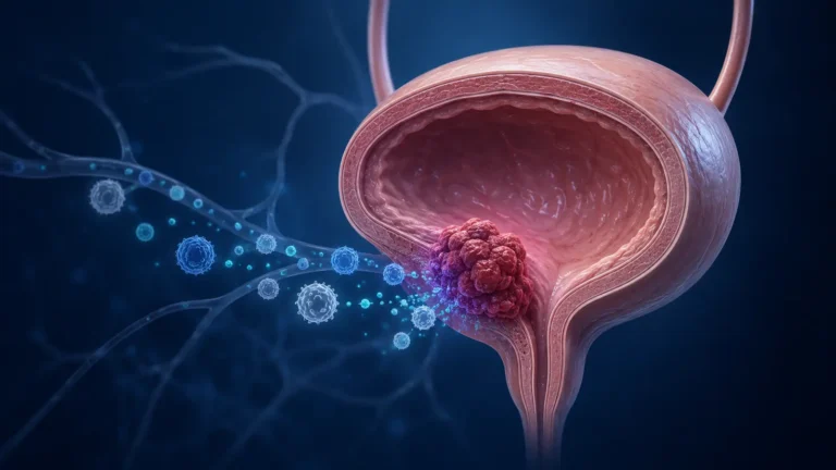 Ilustração médica tratamento de câncer de bexiga avançado sendo abordado por imunoterapia